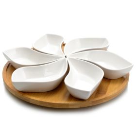 Elama Signature Modern 13.5 Inch 7pc Lazy Susan Appetizer and Condiment Server Set with 6 Unique Design Serving Dishes and a Bamboo Lazy Suzan Serving